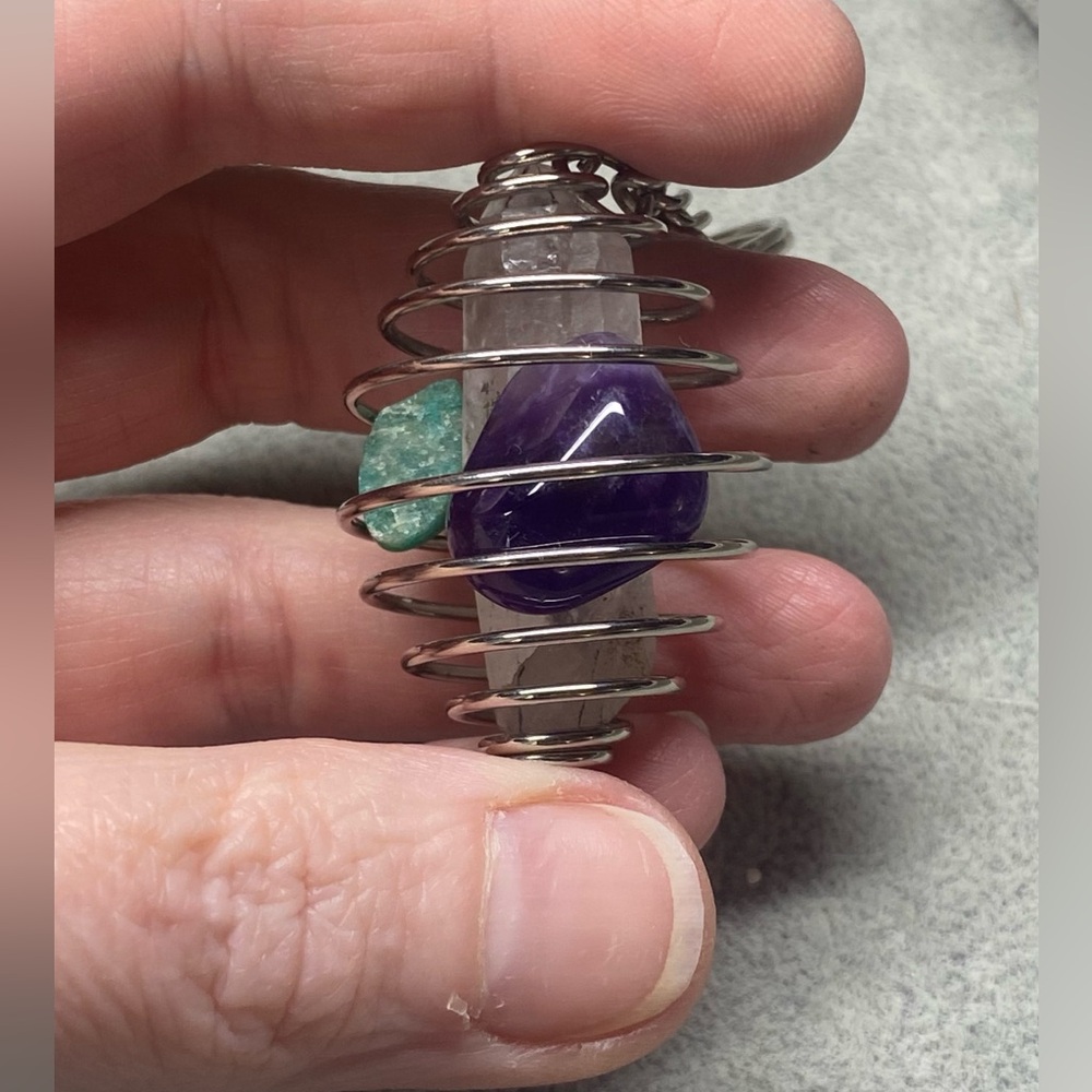 Hand Crafted Gemstone Keychain Clear Quartz Amethyst Amazonite Wire Wrapped - Picture 4 of 12